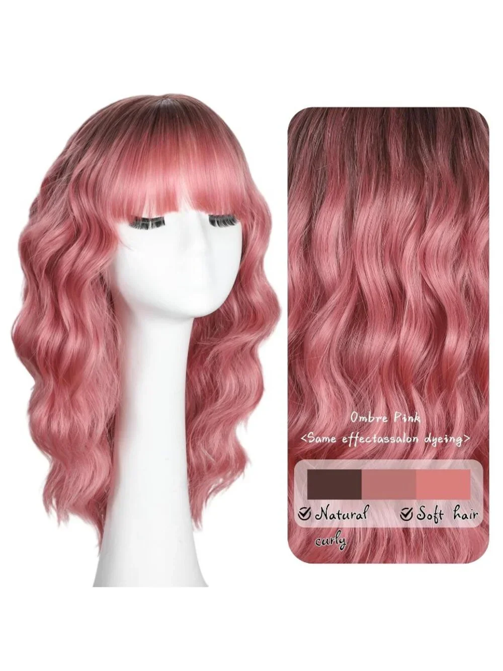Women's Ombre Pink 16 Inch Wavy Wig Bangs Shoulder Length Synthetic Hair